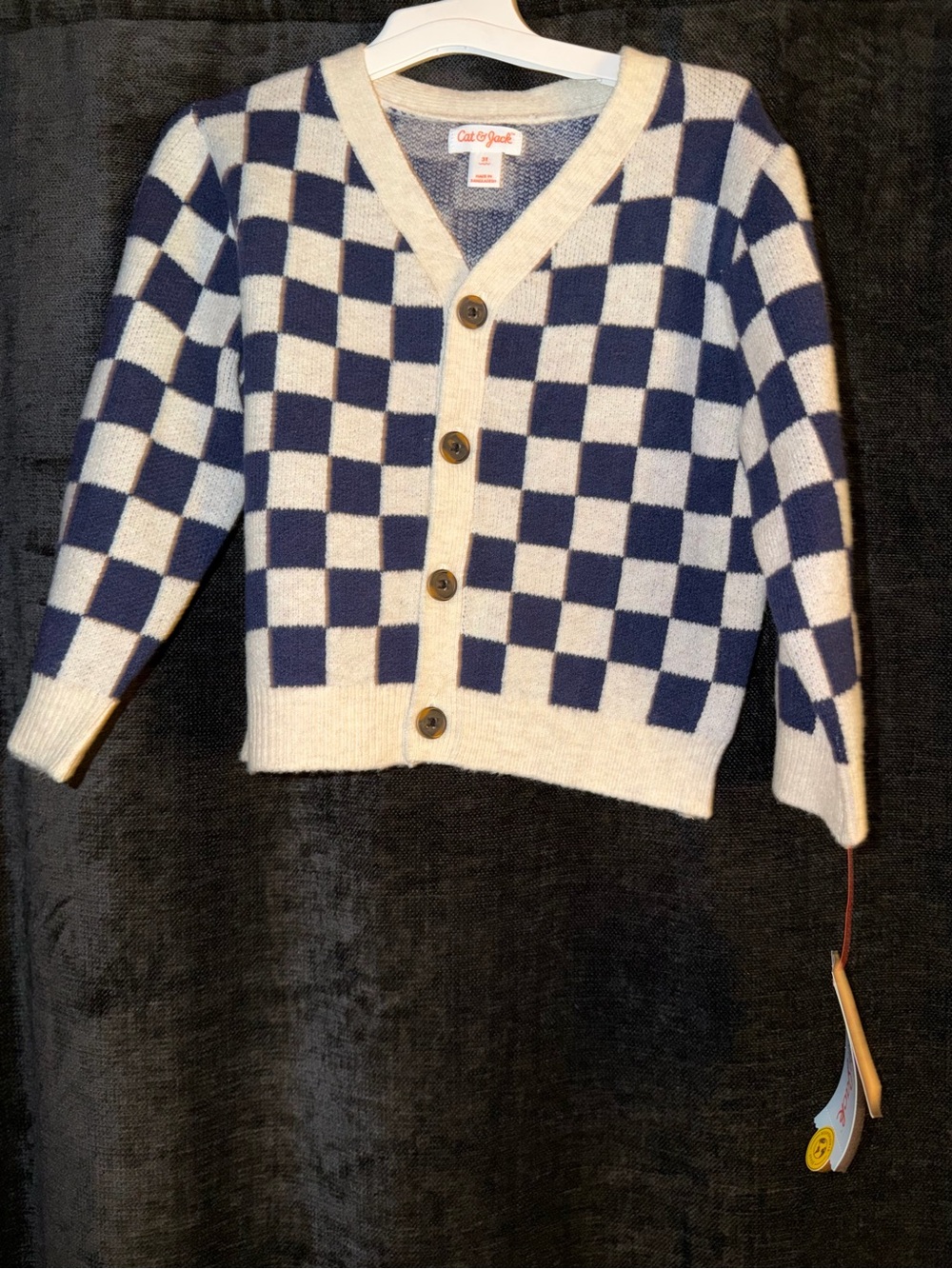 Cat & Jack cardigan sweater features a navy blue and cream checkerboard 3T NWT